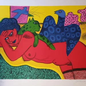 CORNEILLE - Lithographie - Nu allongé rouge